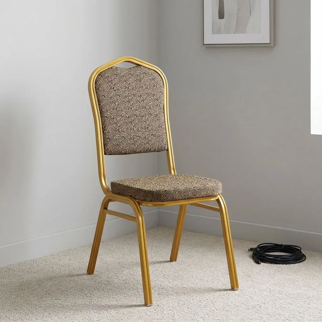 Brown fabric conference chair featuring patterned brown fabric upholstery over a thickly padded seat and backrest, an integrated top-handle crown backrest frame, and a stackable gold-finished steel frame with four square legs.