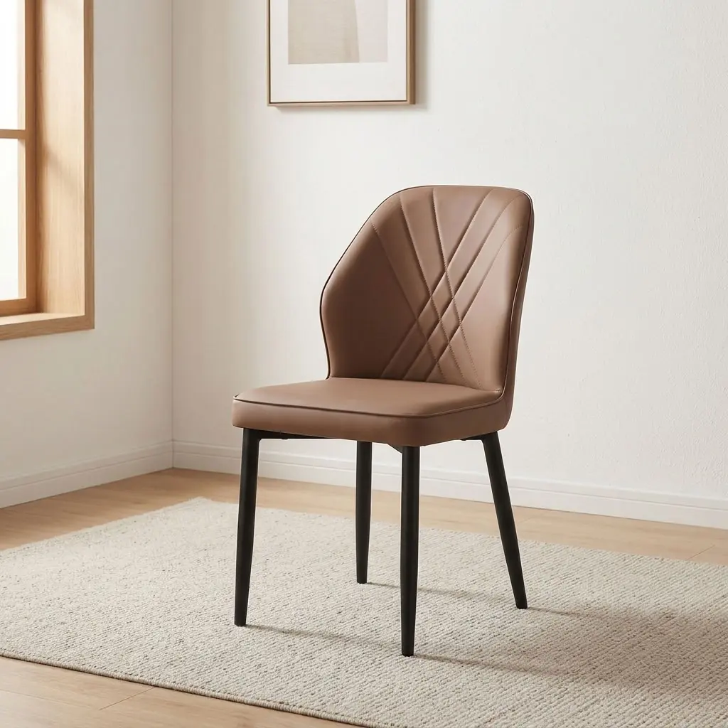 Brown leather dining chair featuring supple light tan-brown leatherette upholstery with cross-hatched accent stitching along the curved inner backrest, a cushioned contoured seat, an armless side chair profile, and matte black powder-coated steel tapered legs.
