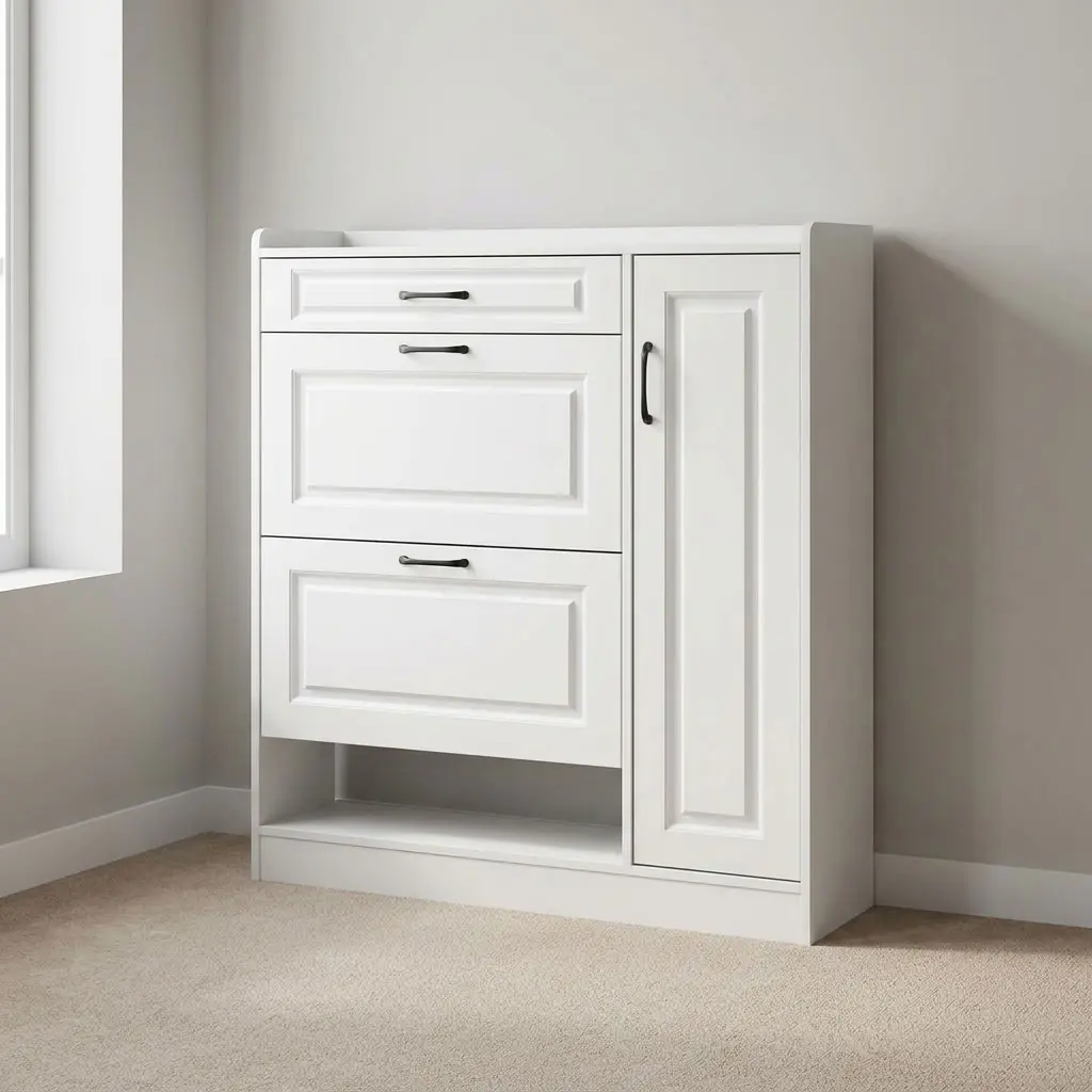 Modern wooden shoe rack featuring crisp white engineered wood construction with traditional recessed panel detailing, a top utility pull-out drawer, two tilt-down shoe compartment drawers, a tall side cabinet door with black handle hardware, an open bottom storage cubby, and a solid plinth base.