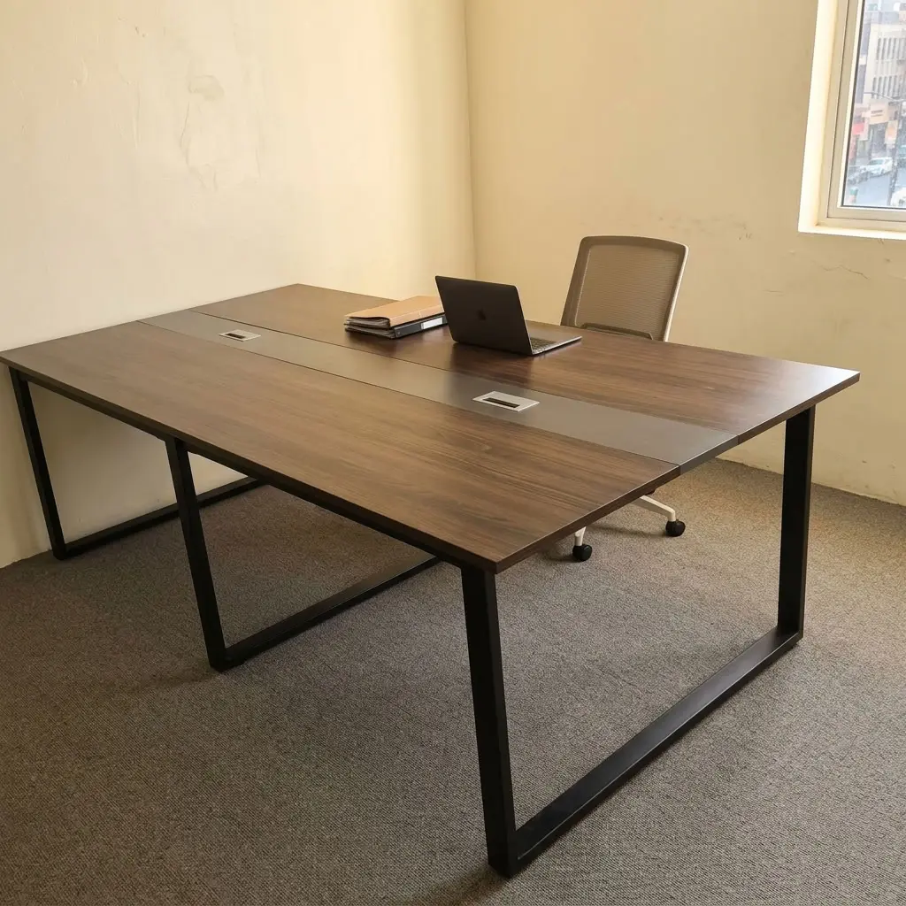 2.4metres boardroom table featuring a walnut wood-grain laminate desktop, a central grey cable management raceway inlay with integrated pop-up power/data access covers, and heavy-duty black powder-coated steel O-frame loop legs.
