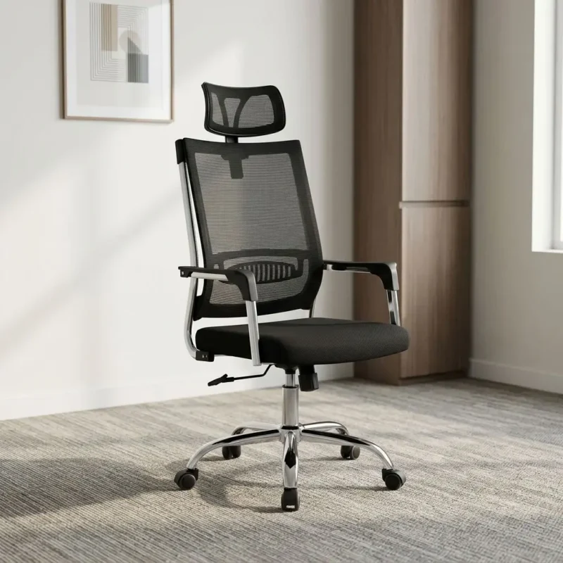 Mesh ergonomic office chair featuring breathable black mesh backrest upholstery with a high-density fabric padded seat cushion, an adjustable contoured mesh headrest, integrated lower lumbar support, T-shaped armrests with metallic supports, a pneumatic height-adjustment lever, and a heavy-duty chrome five-star swivel base on dual-wheel casters.