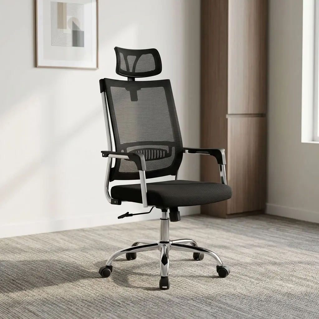 Mesh ergonomic office chair featuring breathable black mesh backrest upholstery with a high-density fabric padded seat cushion, an adjustable contoured mesh headrest, integrated lower lumbar support, T-shaped armrests with metallic supports, a pneumatic height-adjustment lever, and a heavy-duty chrome five-star swivel base on dual-wheel casters.
