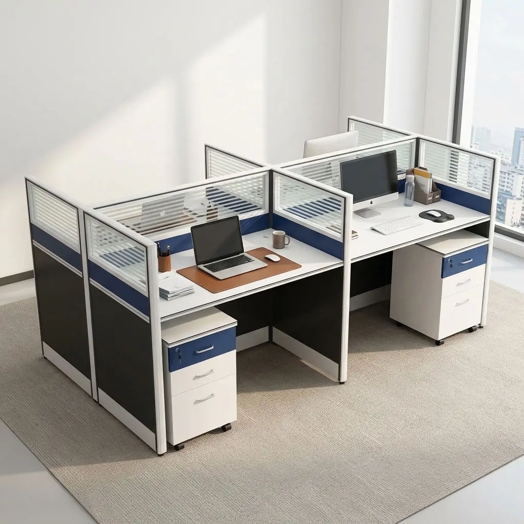 Spacious 4-way workstation featuring white laminate rectangular desktops, integrated dual-tone blue and dark grey partition panels topped with frosted glass accents, four mobile 3-drawer lockable pedestals with blue top drawer accents and silver bow handles, supported by a heavy-duty steel frame structure with full-height modesty panels.