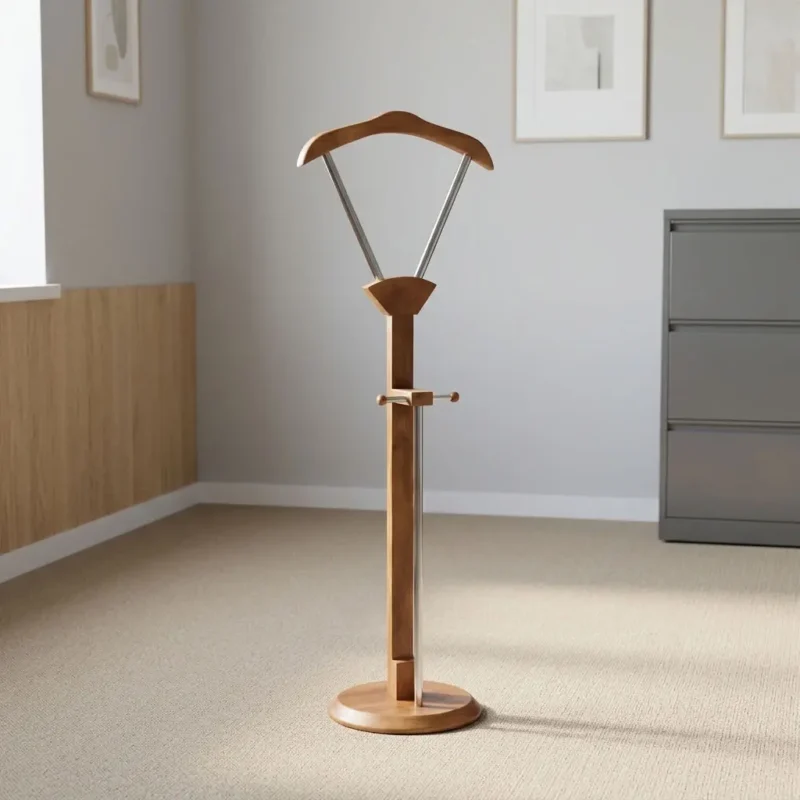 Modern wooden coat hanger featuring a natural teak-finish solid wood construction, a wide contoured top jacket hanger elevated by a V-shaped metallic support frame, a central wooden post equipped with a mid-height horizontal accessory bar and vertical metallic support strut, and a weighted circular wooden disc base.