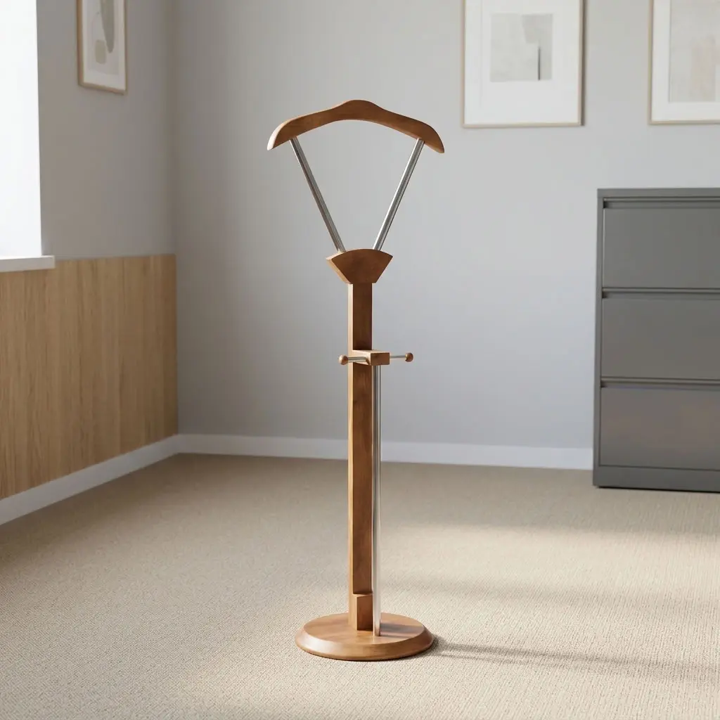 Modern wooden coat hanger featuring a natural teak-finish solid wood construction, a wide contoured top jacket hanger elevated by a V-shaped metallic support frame, a central wooden post equipped with a mid-height horizontal accessory bar and vertical metallic support strut, and a weighted circular wooden disc base.