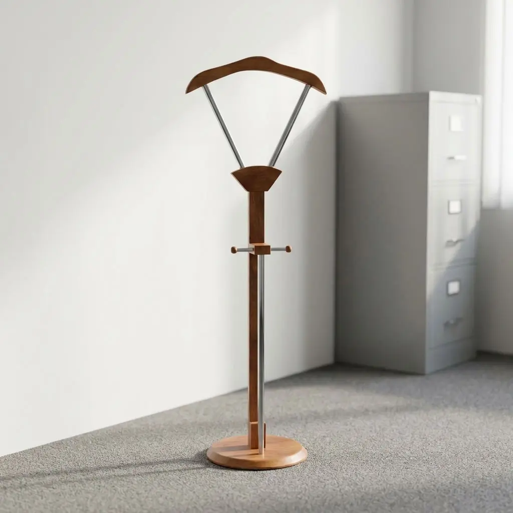 Modern wooden coat hanger featuring a natural teak-finish solid wood construction, a wide contoured top jacket hanger elevated by a V-shaped metallic support frame, a central wooden post equipped with a mid-height horizontal accessory bar and vertical metallic support strut, and a weighted circular wooden disc base.