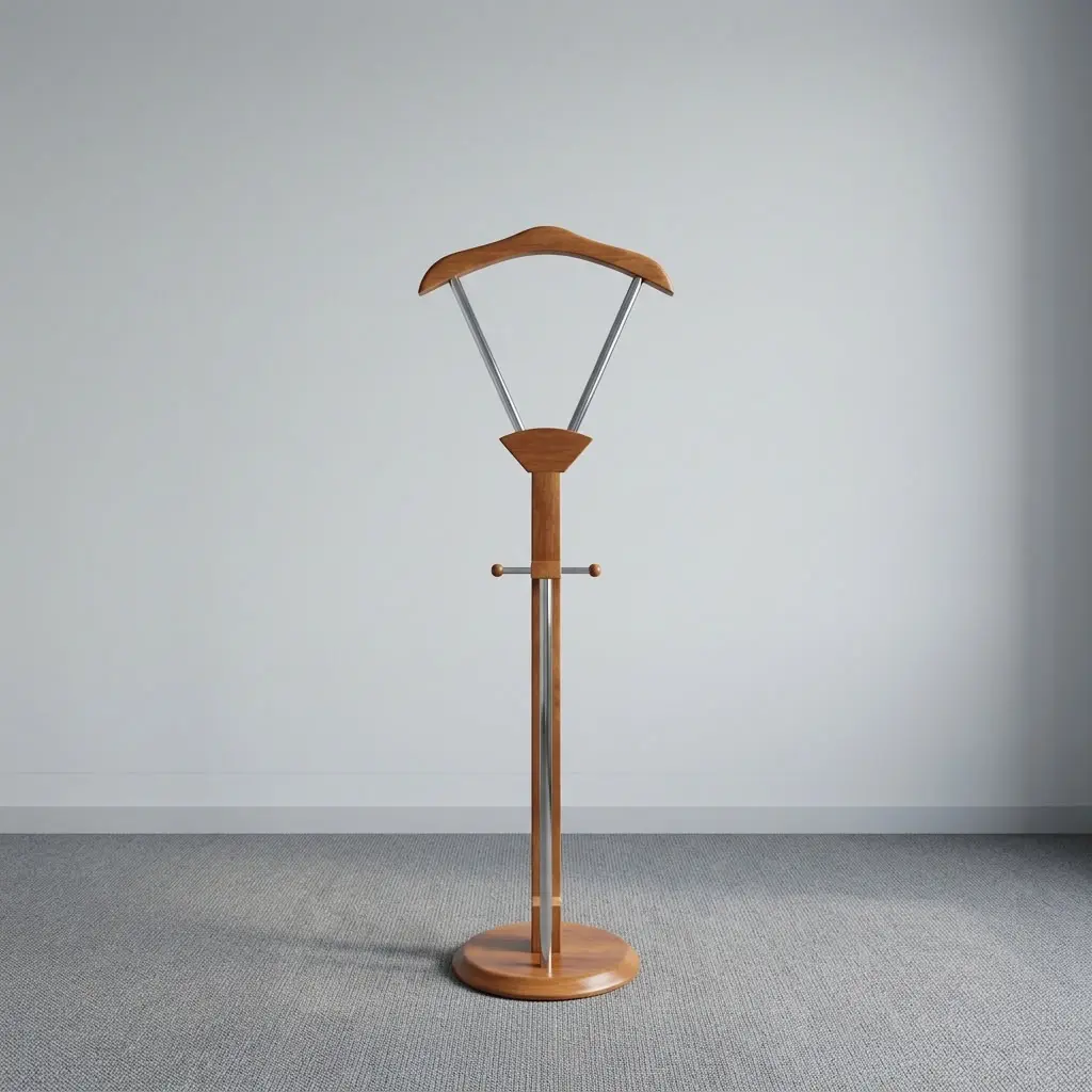 Modern wooden coat hanger featuring a natural teak-finish solid wood construction, a wide contoured top jacket hanger elevated by a V-shaped metallic support frame, a central wooden post equipped with a mid-height horizontal accessory bar and vertical metallic support strut, and a weighted circular wooden disc base.