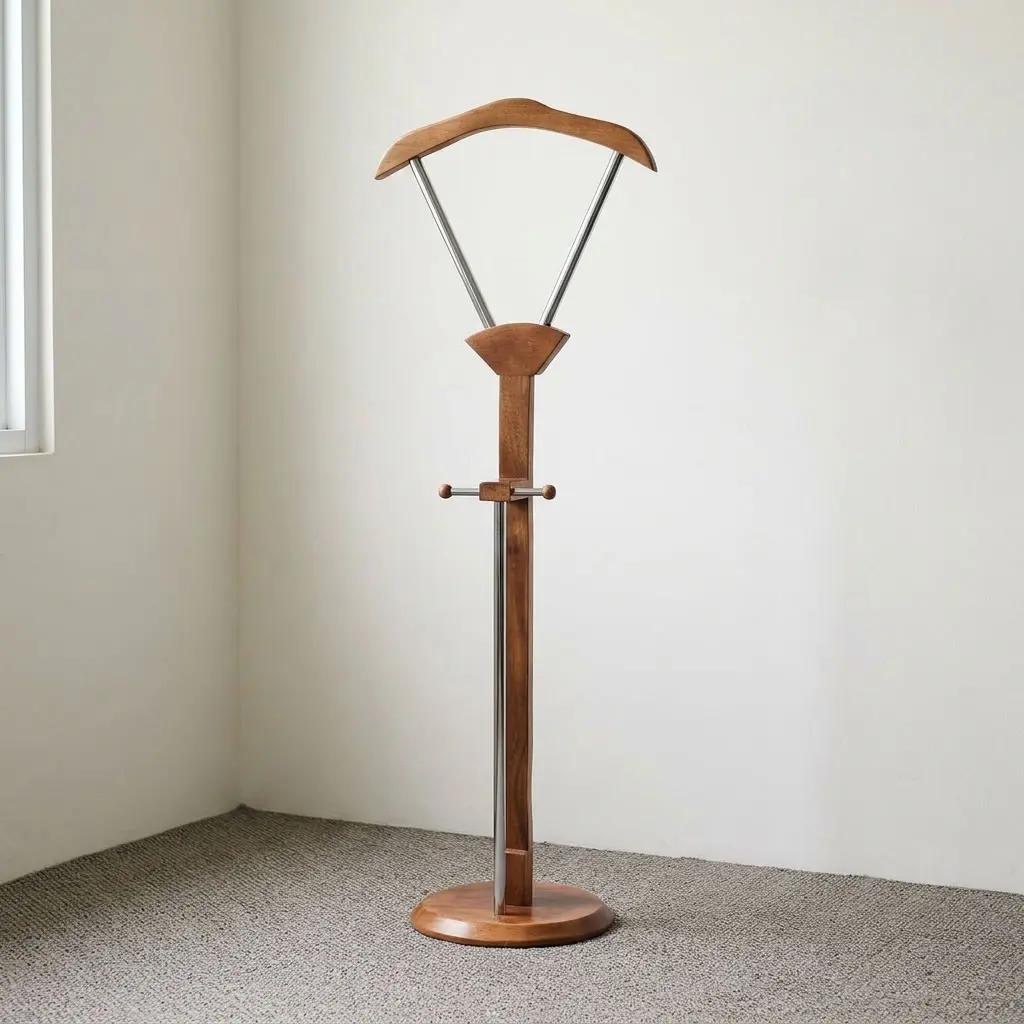 Executive office coat hanger featuring a rich natural wood-tone finish solid wood construction, a wide contoured suit jacket hanger mounted on a V-shaped metallic support frame, a central vertical post with an integrated horizontal accessory bar and vertical support rod, and a heavy circular wooden pedestal base.