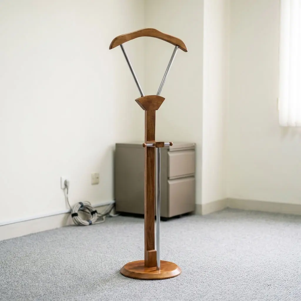 Executive office coat hanger featuring a rich natural wood-tone finish solid wood construction, a wide contoured suit jacket hanger mounted on a V-shaped metallic support frame, a central vertical post with an integrated horizontal accessory bar and vertical support rod, and a heavy circular wooden pedestal base.