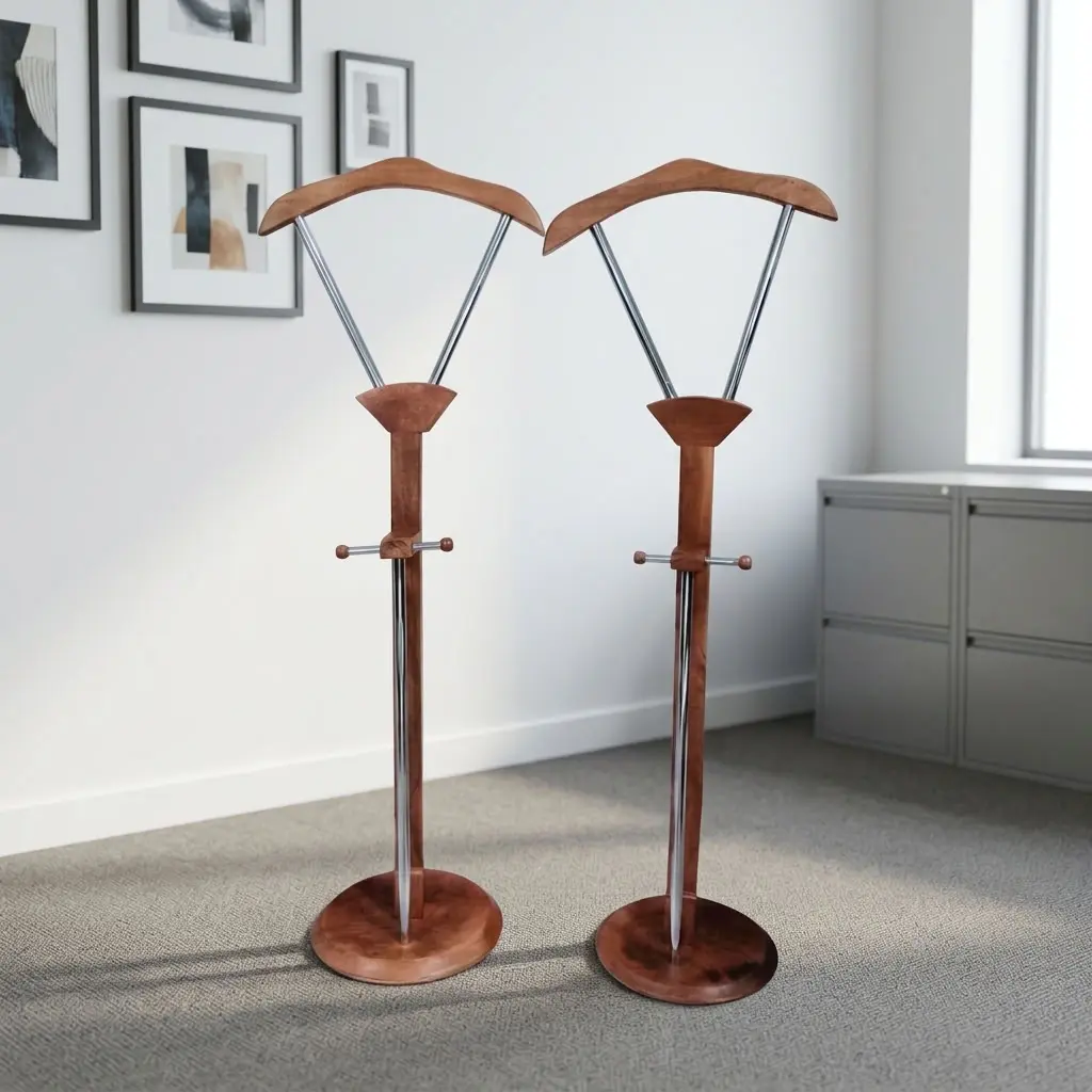 Executive office coat hanger featuring a rich natural wood-tone finish solid wood construction, a wide contoured suit jacket hanger mounted on a V-shaped metallic support frame, a central vertical post with an integrated horizontal accessory bar and vertical support rod, and a heavy circular wooden pedestal base.