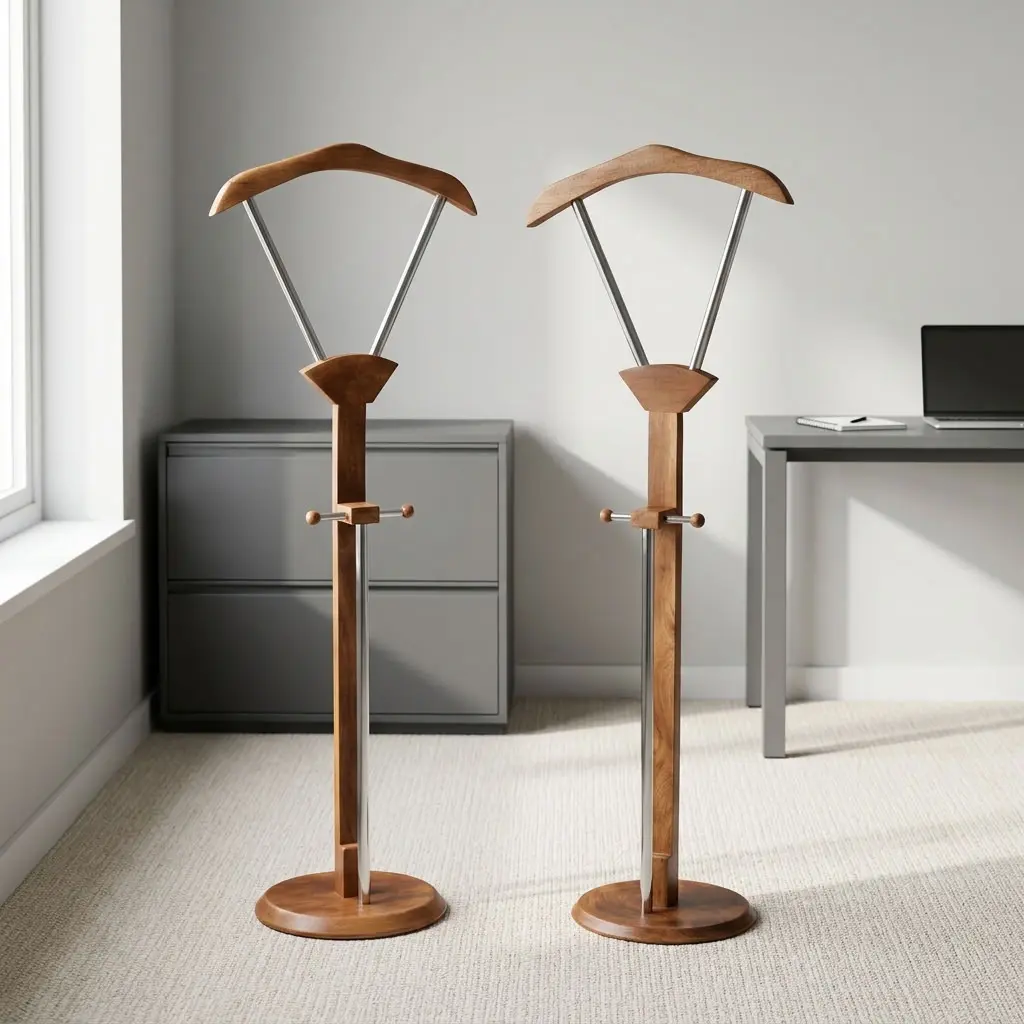 Executive office coat hanger featuring a rich natural wood-tone finish solid wood construction, a wide contoured suit jacket hanger mounted on a V-shaped metallic support frame, a central vertical post with an integrated horizontal accessory bar and vertical support rod, and a heavy circular wooden pedestal base.