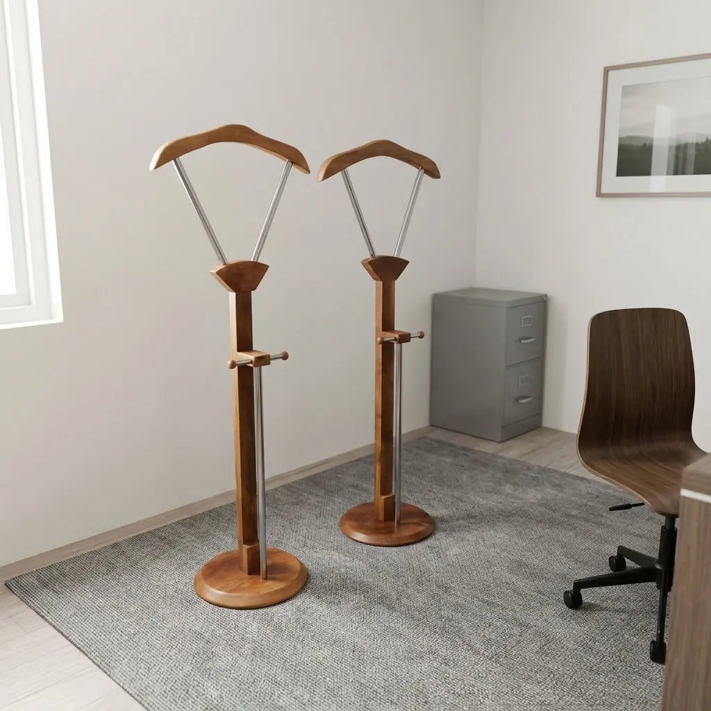 Executive office coat hanger featuring a rich natural wood-tone finish solid wood construction, a wide contoured suit jacket hanger mounted on a V-shaped metallic support frame, a central vertical post with an integrated horizontal accessory bar and vertical support rod, and a heavy circular wooden pedestal base.