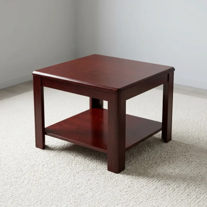 Square office coffee table featuring a dark mahogany wood-grain finish, a smooth square desktop with bevel-trimmed edges, an integrated full-length lower open display/storage shelf, and sturdy square solid wood legs.