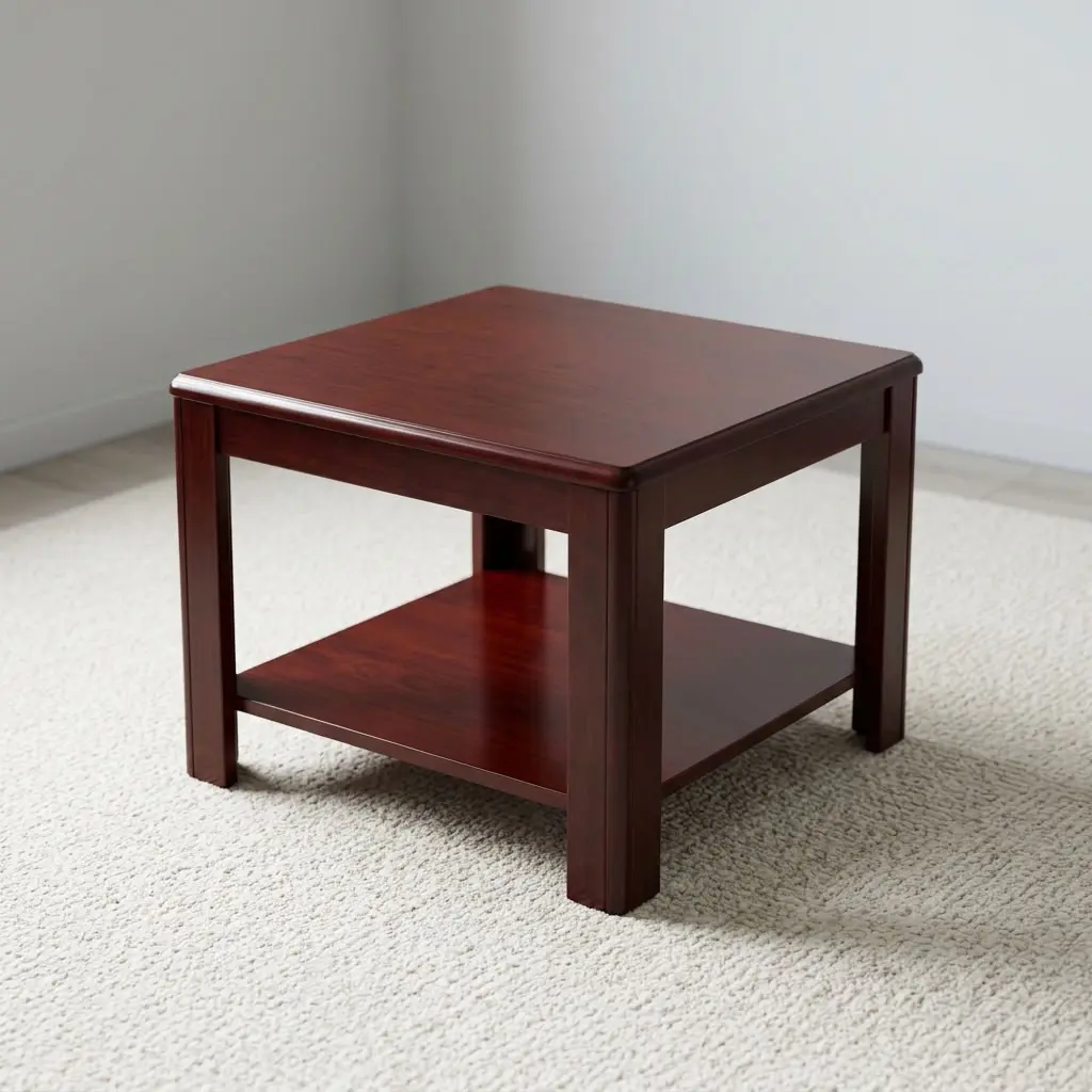 Square office coffee table featuring a dark mahogany wood-grain finish, a smooth square desktop with bevel-trimmed edges, an integrated full-length lower open display/storage shelf, and sturdy square solid wood legs.