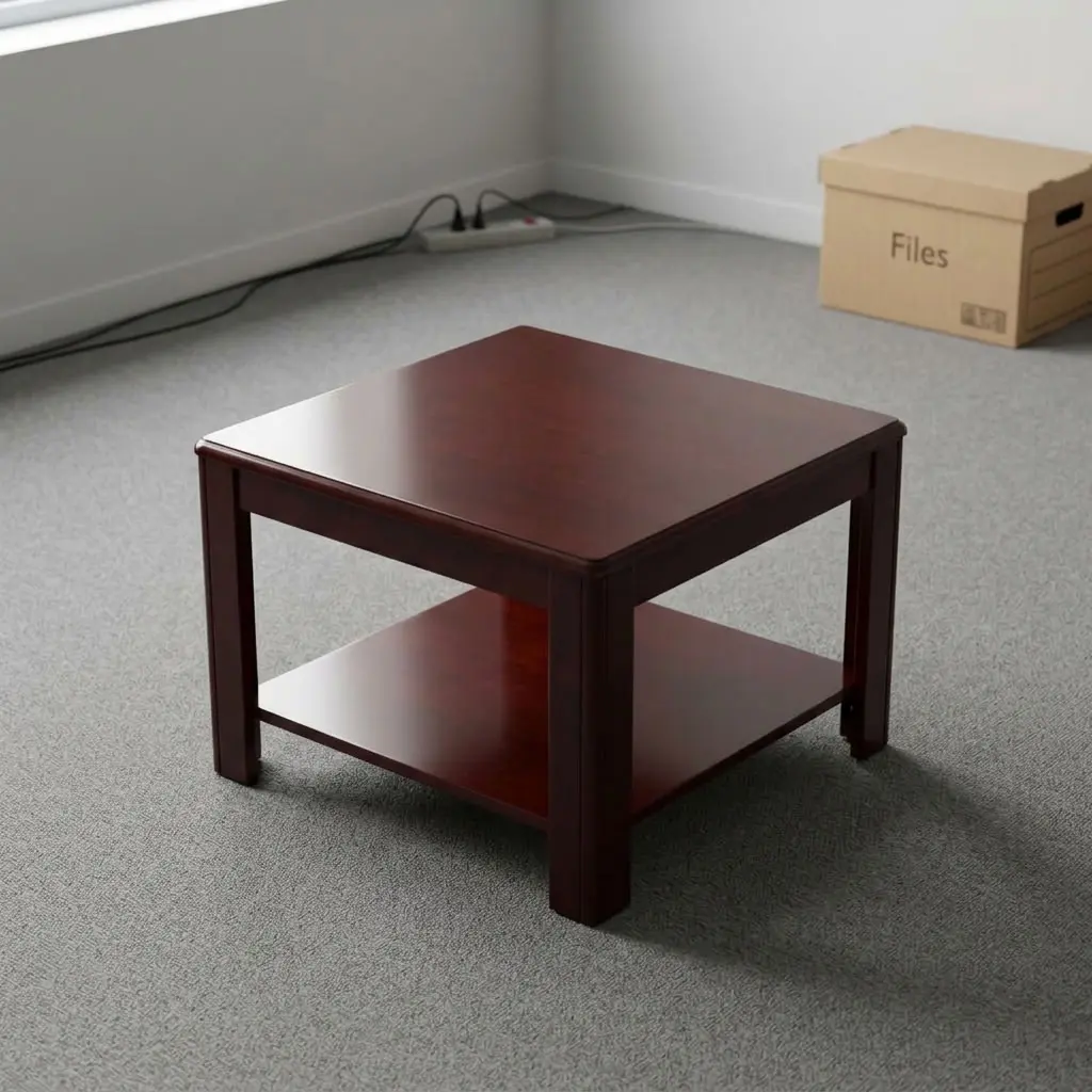 Square office coffee table featuring a dark mahogany wood-grain finish, a smooth square desktop with bevel-trimmed edges, an integrated full-length lower open display/storage shelf, and sturdy square solid wood legs.