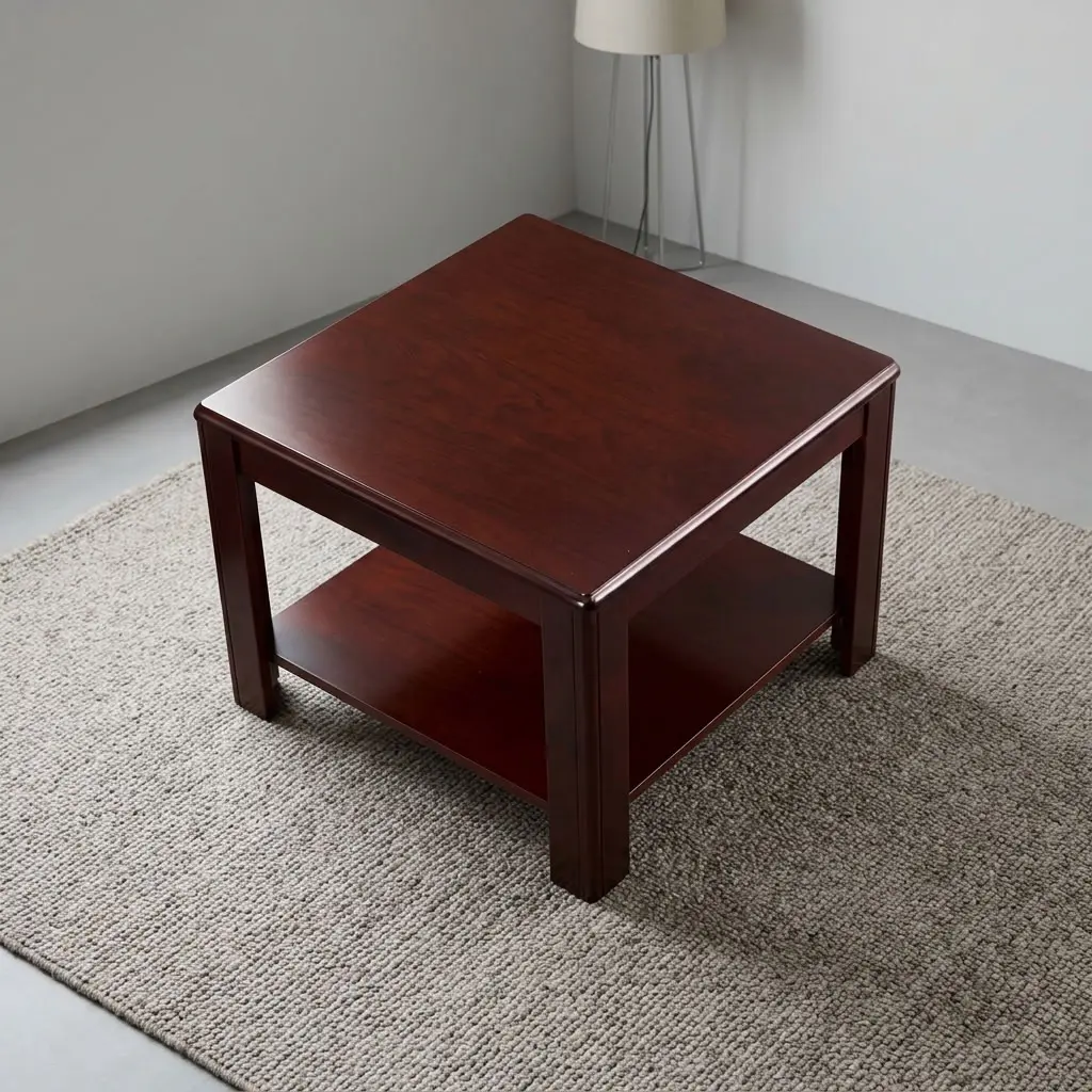 0.6m square coffee stool featuring a rich mahogany wood-grain finish, a smooth square tabletop with rounded bevel edges, a full-length lower open storage shelf, and sturdy square-cut solid wood legs.