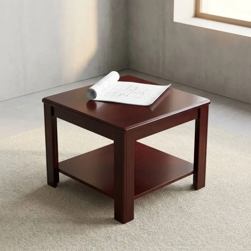 0.6m square coffee stool featuring a rich mahogany wood-grain finish, a smooth square tabletop with rounded bevel edges, a full-length lower open storage shelf, and sturdy square-cut solid wood legs.