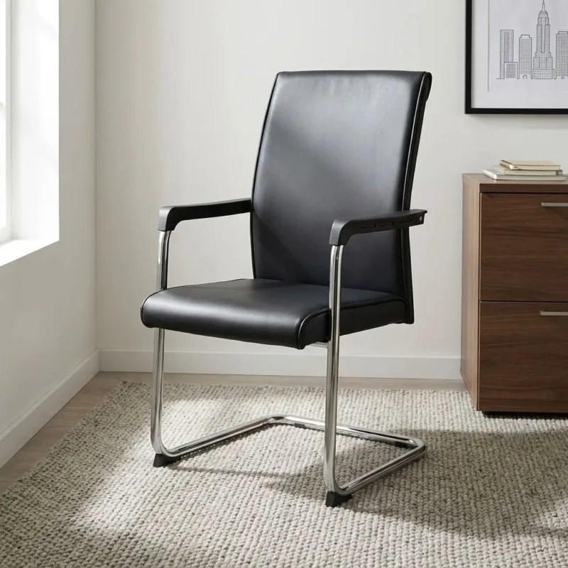 Executive leather visitor seat featuring smooth black leatherette upholstery over a padded seat and high backrest, fixed armrests with black arm pads, and a durable chrome-plated cantilever sleigh base with protective floor glides.