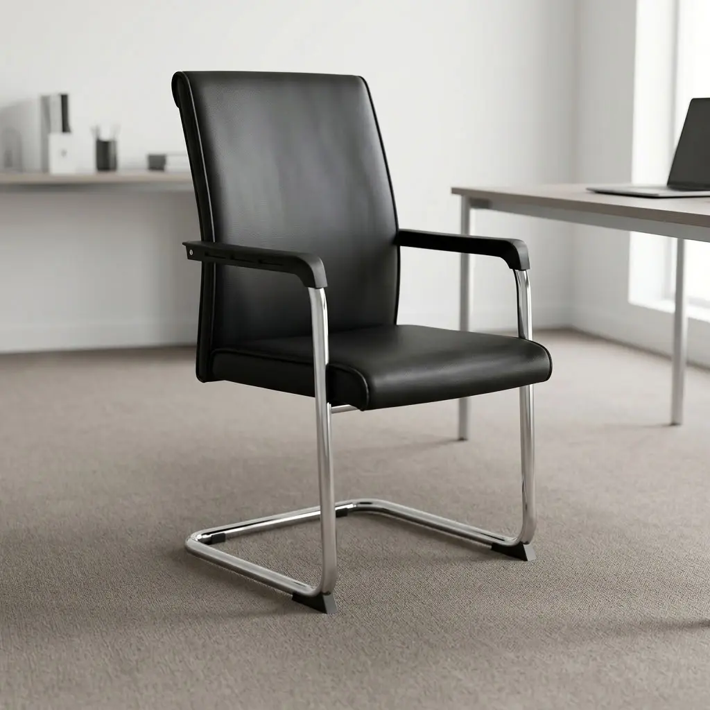 Executive leather visitor seat featuring smooth black leatherette upholstery over a padded seat and high backrest, fixed armrests with black arm pads, and a durable chrome-plated cantilever sleigh base with protective floor glides.