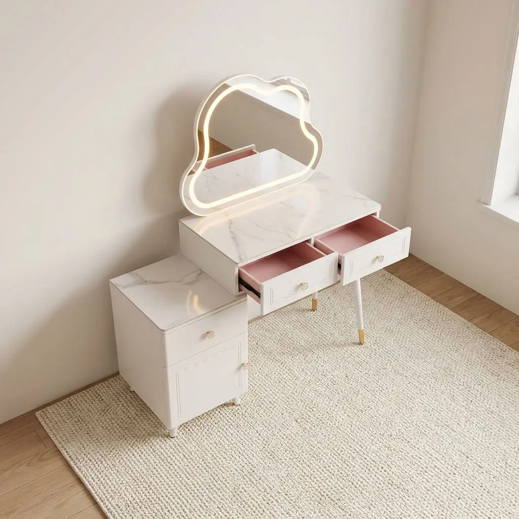 Classic dressing table with LED light featuring a white painted engineered wood frame with decorative drawer detailing and gold hardware, an irregular cloud-shaped illuminated vanity mirror with touch-control warm LED lighting, two main desk drawers connected to a side 2-tier storage cabinet unit, and slender white angled support legs accented with metallic gold tips.