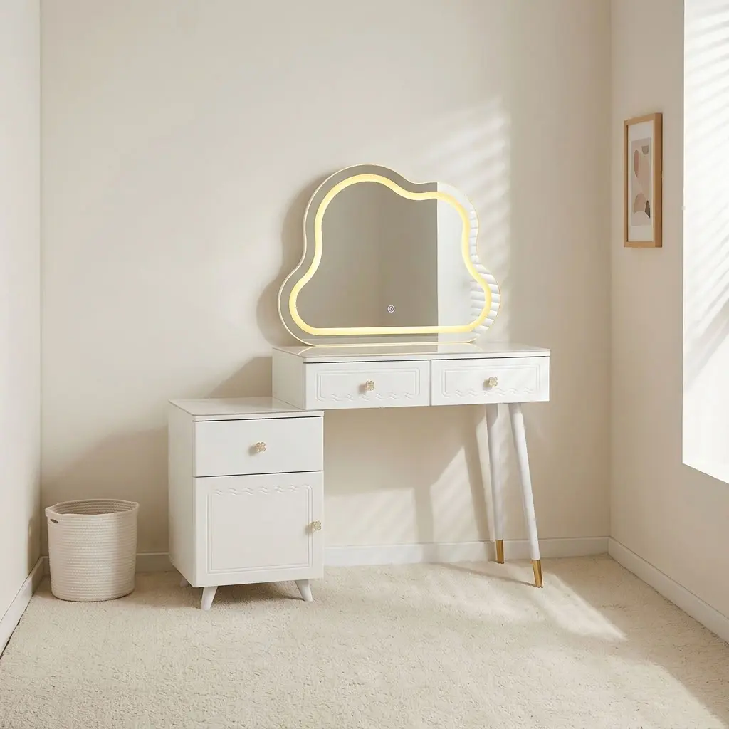 Classic dressing table with LED light featuring a white painted engineered wood frame with decorative drawer detailing and gold hardware, an irregular cloud-shaped illuminated vanity mirror with touch-control warm LED lighting, two main desk drawers connected to a side 2-tier storage cabinet unit, and slender white angled support legs accented with metallic gold tips.