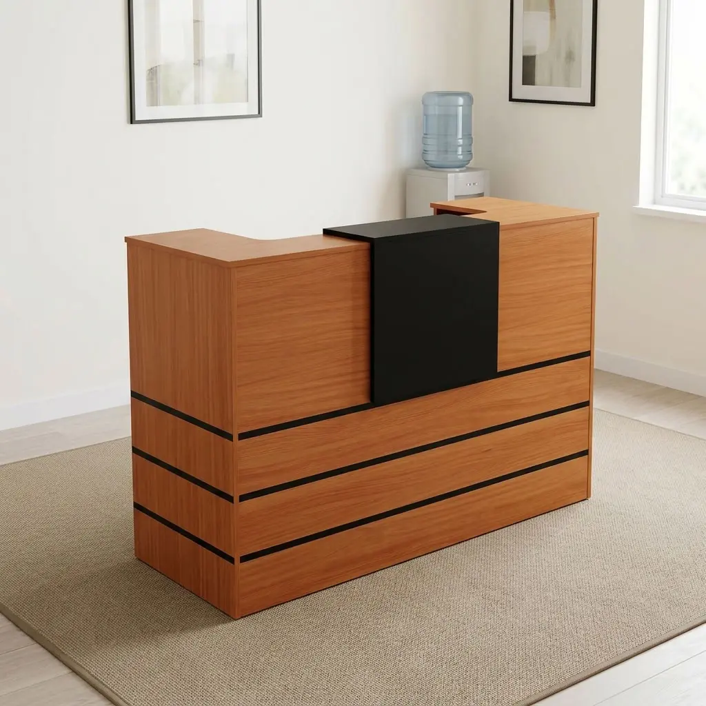 120cm reception office table featuring cherry wood grain laminate main body panels with horizontal black reveal stripes and a contrasting raised matte black center transaction counter block, elevated full-wrap privacy transaction shelf with interior work surface and wire management grommets, and a sturdy solid box-style base structure with protective floor glides.