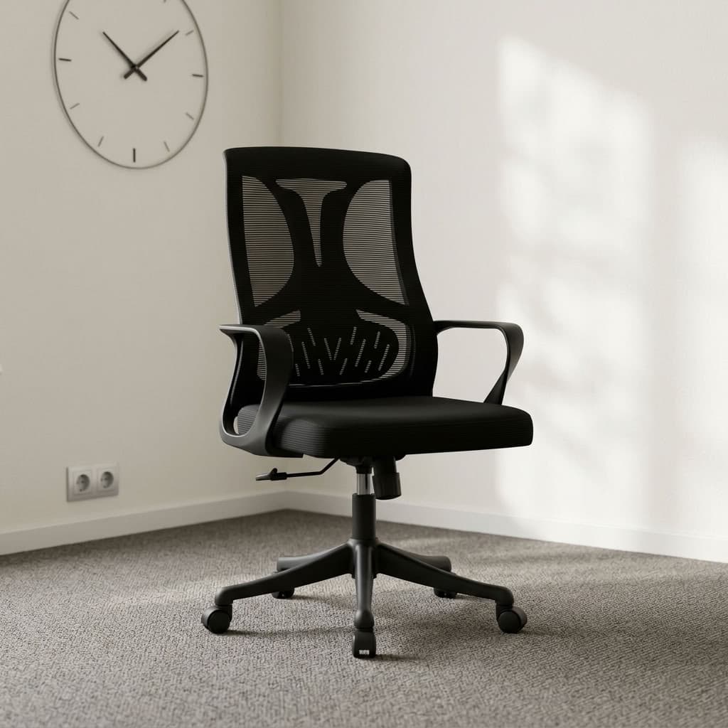Medium back mesh office chair featuring a breathable black mesh backrest with a reinforced Y-shaped ergonomic spinal frame and integrated lumbar support, paired with a contoured black fabric seat cushion, fixed curved composite armrests, a pneumatic height-adjustment mechanism with tilt tension control, and a heavy-duty black nylon five-star swivel base equipped with smooth-rolling dual-wheel casters.