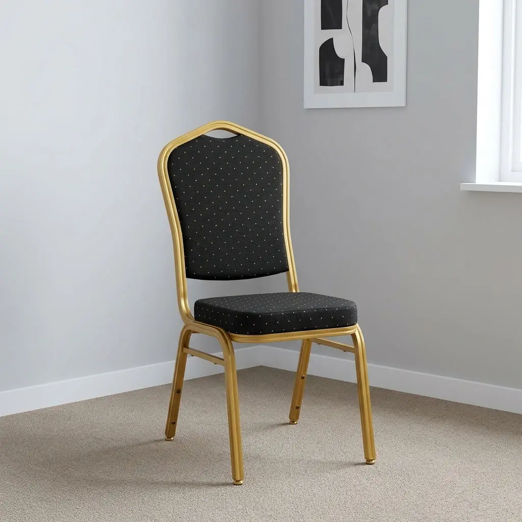 Black fabric & stackable conference chair featuring black patterned fabric upholstery with diamond stitching and gold dot accents, a crown-top backrest design with high-density padded seating, space-saving stackable functionality with side bumper guards, and a durable gold powder-coated square steel frame with non-marring floor glides.