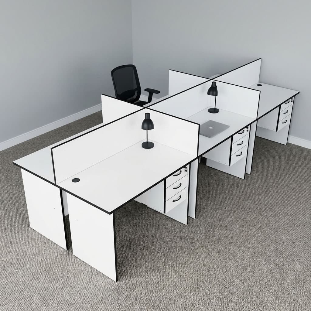 Six seater modular workstation featuring white laminate work surfaces with black edge banding and matching white desk divider privacy screens, integrated cable grommets and six 3-drawer locking mobile storage pedestals with curved handles, supported by heavy-duty white laminate panel leg structures with floor glides.