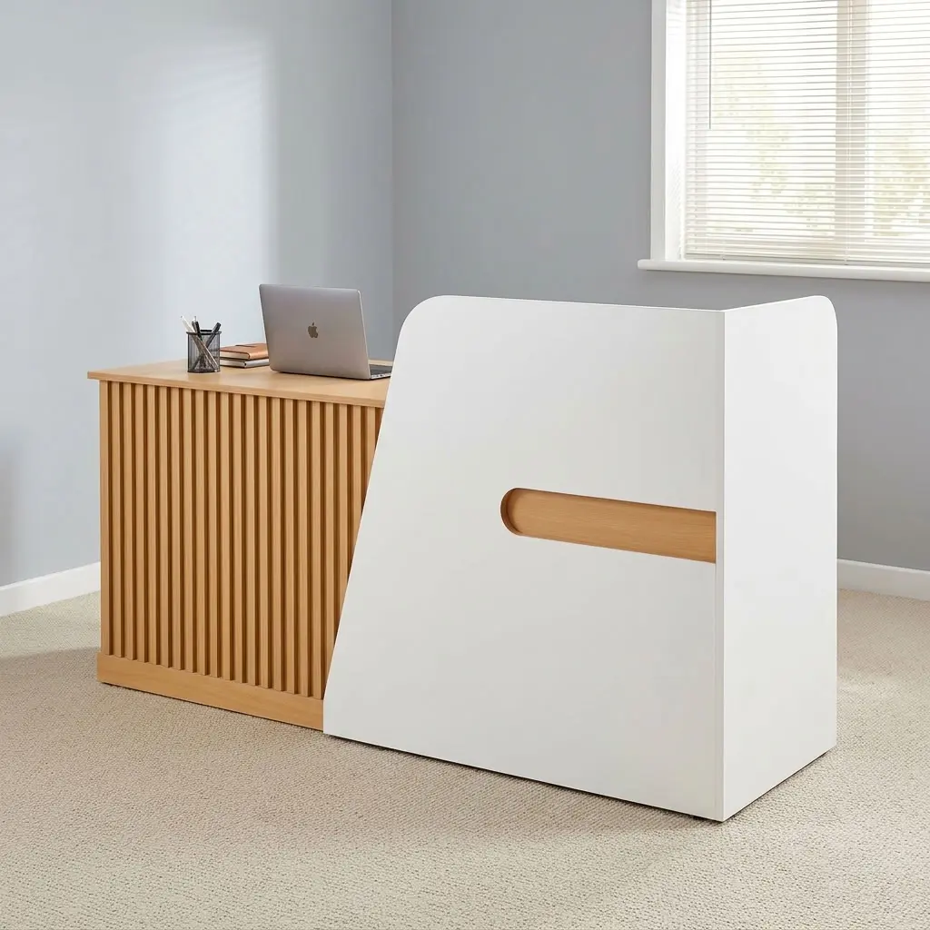 1.8m front office desk featuring a light oak laminate main desk surface with a slatted wooden front modesty panel, an elevated white matte front reception counter screen with a horizontal wood grain accent cutout, integrated desk work surface space, and a floor-standing solid box frame support structure.