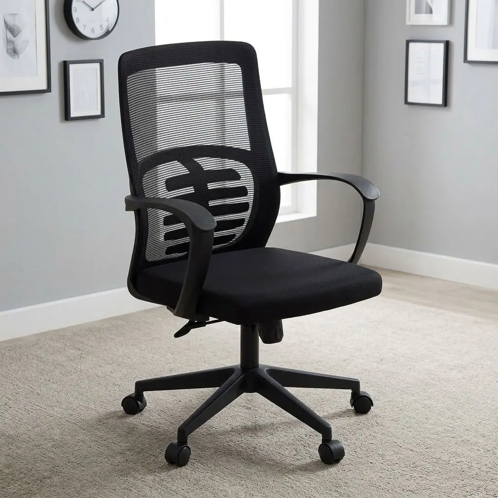 Mesh ergonomic office chair featuring a breathable black mesh backrest with an integrated spine-inspired lower lumbar support panel and a high-density black fabric padded seat cushion, fixed curved composite armrests, pneumatic height adjustment lever and tilt-tension controls, and a black heavy-duty five-star nylon swivel base with dual-wheel casters.
