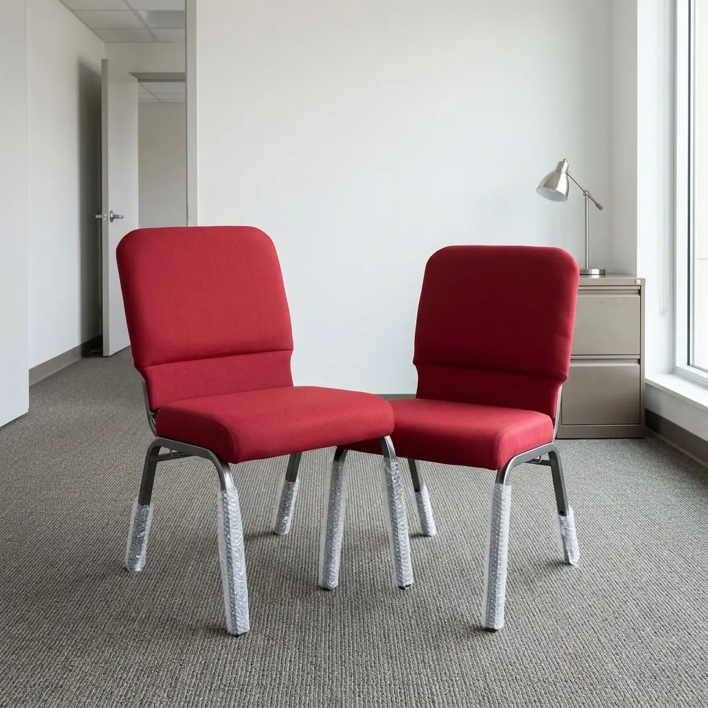 Commercial heavy duty church chair featuring vibrant red fabric upholstery with high-density padded backrest and seat cushions, armless stacking design, and a durable powder-coated silver-grey steel square tube frame base with plastic glides.