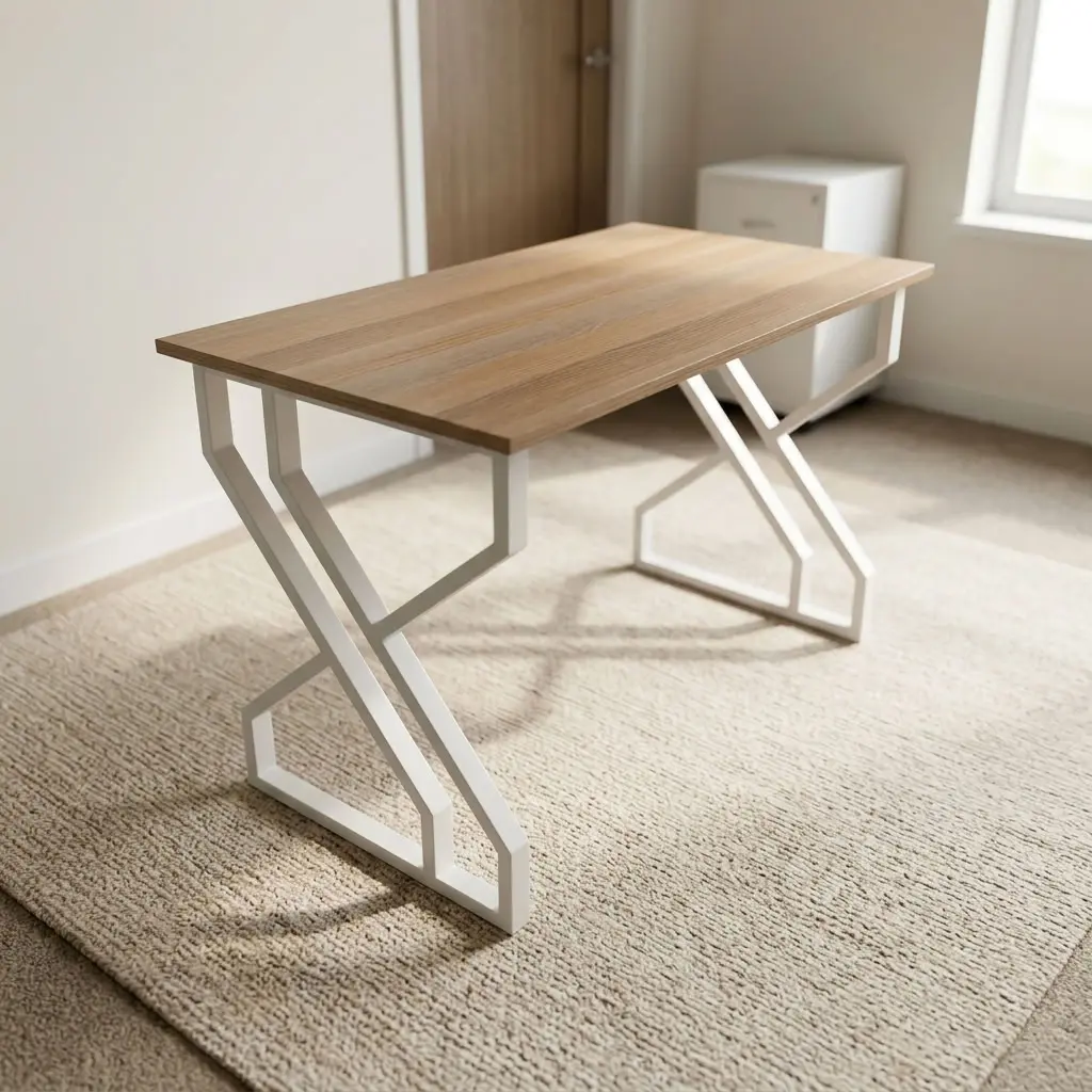 120cm wooden ergonomic table featuring a light natural oak wood-grain laminate desktop surface, an integrated circular cable management grommet, and heavy-duty powder-coated white steel geometric angular legs.