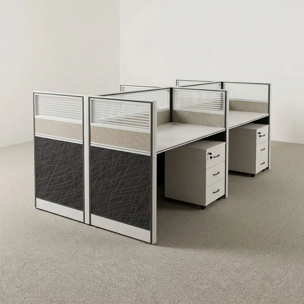 4 user modular workstation featuring smooth white laminate desktops with integrated cable grommets, acoustic privacy partition dividers with dark patterned lower fabric, grey patterned middle panels, and frosted slatted glass upper screens, four mobile white 3-drawer lockable pedestals, and a heavy-duty powder-coated white metal structural frame.