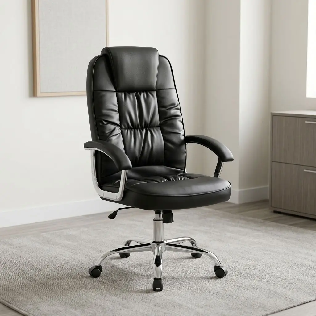 Comfortable leather executive chair featuring plush black bonded leather upholstery with segmented gather-tufting details, an integrated headrest cushion, curved padded loop armrests with polished chrome support brackets, pneumatic seat height adjustment and tilt-tension control levers, and a polished chrome five-star swivel base equipped with smooth-rolling hooded dual-wheel casters.