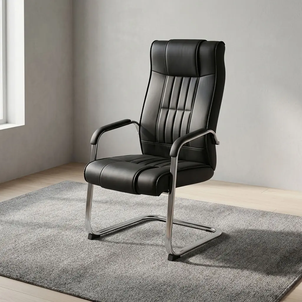 Leather waiting executive chair featuring black leatherette upholstery with vertical channel-stitched backrest cushioning and an integrated headrest, curved fixed armrests with padded top arm pads, and a heavy-duty chrome cantilever sled base with protective leg wrapping and non-slip floor glides.