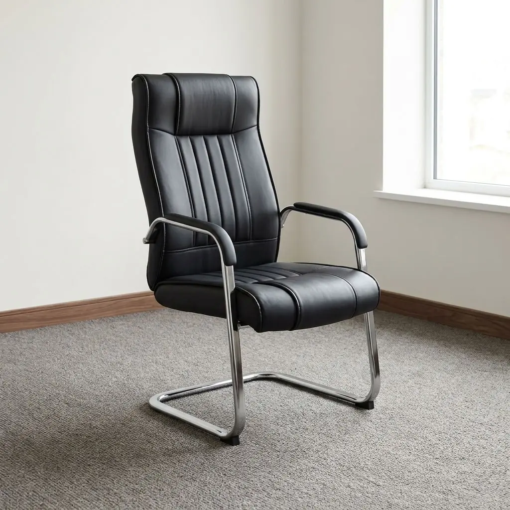 Leather waiting executive chair featuring black leatherette upholstery with vertical channel-stitched backrest cushioning and an integrated headrest, curved fixed armrests with padded top arm pads, and a heavy-duty chrome cantilever sled base with protective leg wrapping and non-slip floor glides.