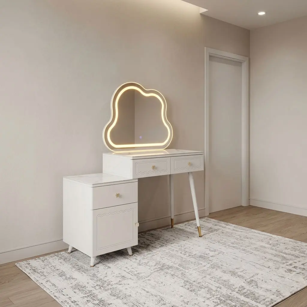 White modern dresser with light featuring a cloud-shaped LED illuminated mirror, a white laminate vanity table top with two storage drawers with scalloped face detail and gold knobs, a modular side cabinet unit with an additional drawer and storage door, and tapered white legs tipped with gold metal accents.