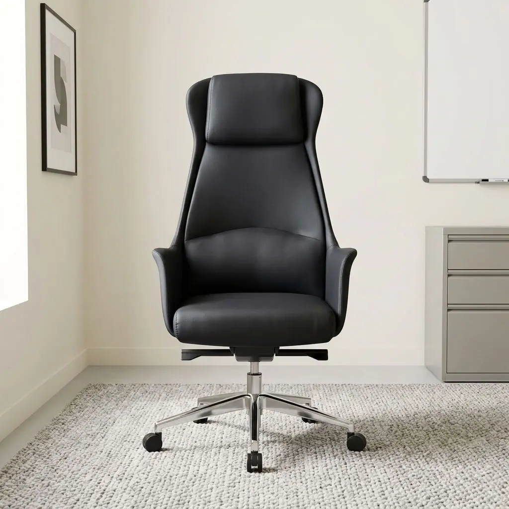 Swivel leather staff chair featuring sleek matte black faux leather upholstery with an integrated thick headrest cushion, contoured high-back lumbar support, integrated flared side armrests, pneumatic height adjustment and multi-tilt control mechanisms, and a polished aluminum five-star swivel base with smooth-rolling casters.