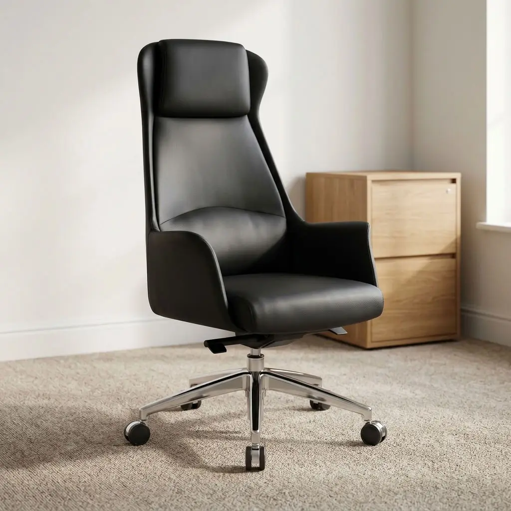 Swivel leather staff chair featuring sleek matte black faux leather upholstery with an integrated thick headrest cushion, contoured high-back lumbar support, integrated flared side armrests, pneumatic height adjustment and multi-tilt control mechanisms, and a polished aluminum five-star swivel base with smooth-rolling casters.