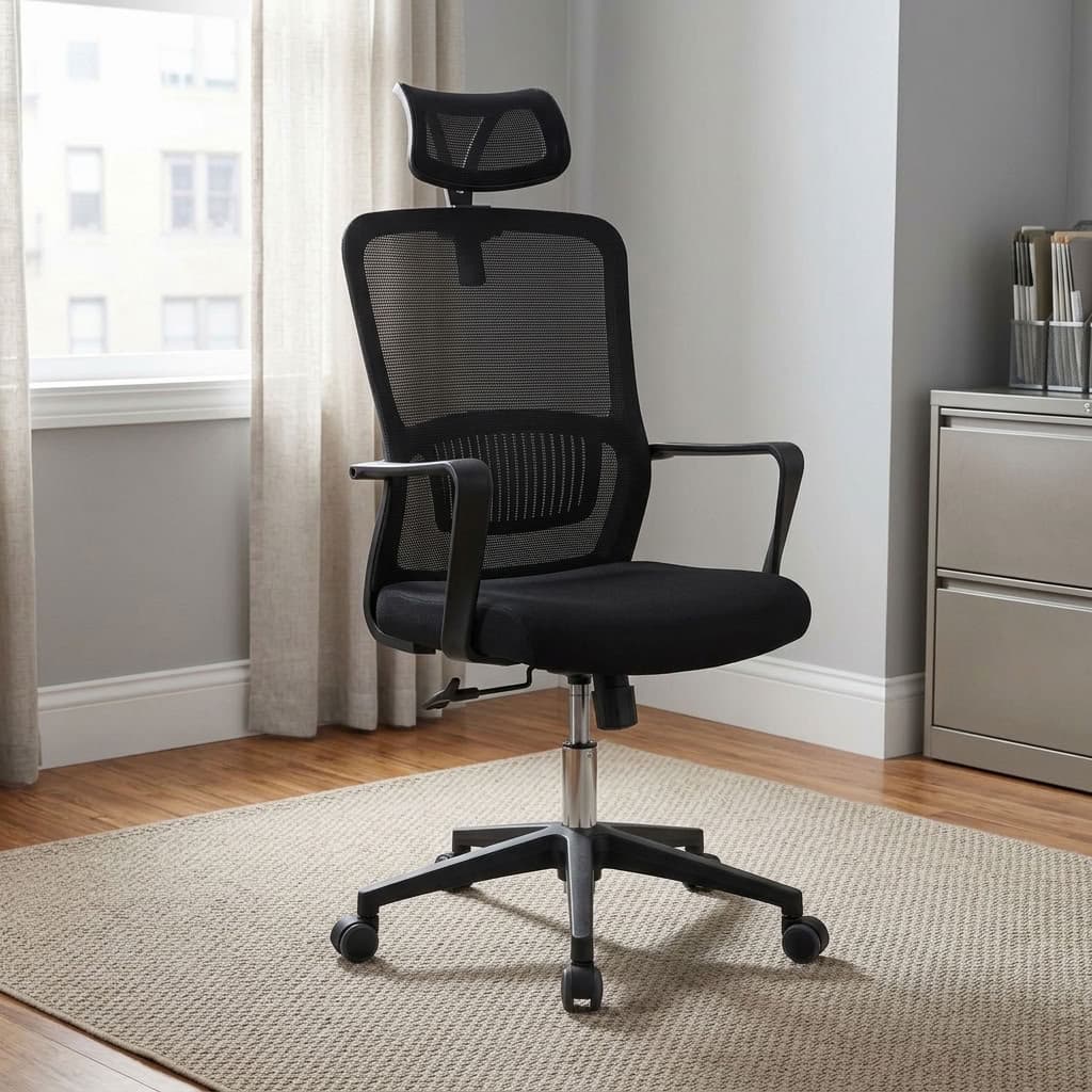 Ergonomic mesh staff chair featuring a breathable black mesh backrest with integrated lumbar support and an adjustable mesh headrest, a cushioned black fabric seat pan, fixed T-shaped armrests, pneumatic seat height adjustment and tilt-tension control levers, and a heavy-duty black five-star swivel base equipped with smooth-rolling dual-wheel casters.