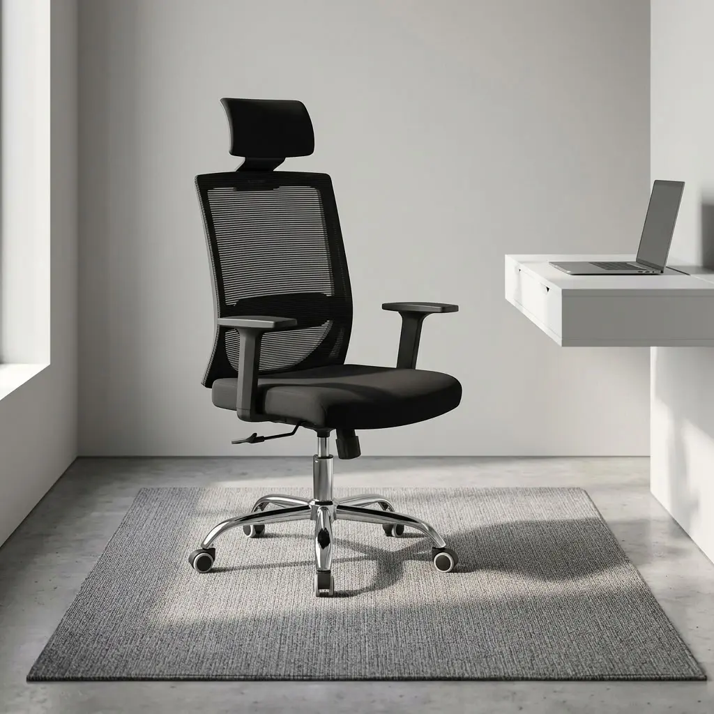 Premium ergonomic office chair featuring a high-density black mesh backrest with integrated lumbar support and an adjustable headrest, a cushioned black fabric seat pan, adjustable T-shaped armrests, pneumatic height adjustment and tilt-tension control levers, and a polished chrome five-star swivel base with protective wrapping and dual-wheel casters.