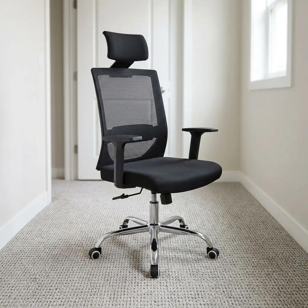 Premium ergonomic office chair featuring a high-density black mesh backrest with integrated lumbar support and an adjustable headrest, a cushioned black fabric seat pan, adjustable T-shaped armrests, pneumatic height adjustment and tilt-tension control levers, and a polished chrome five-star swivel base with protective wrapping and dual-wheel casters.
