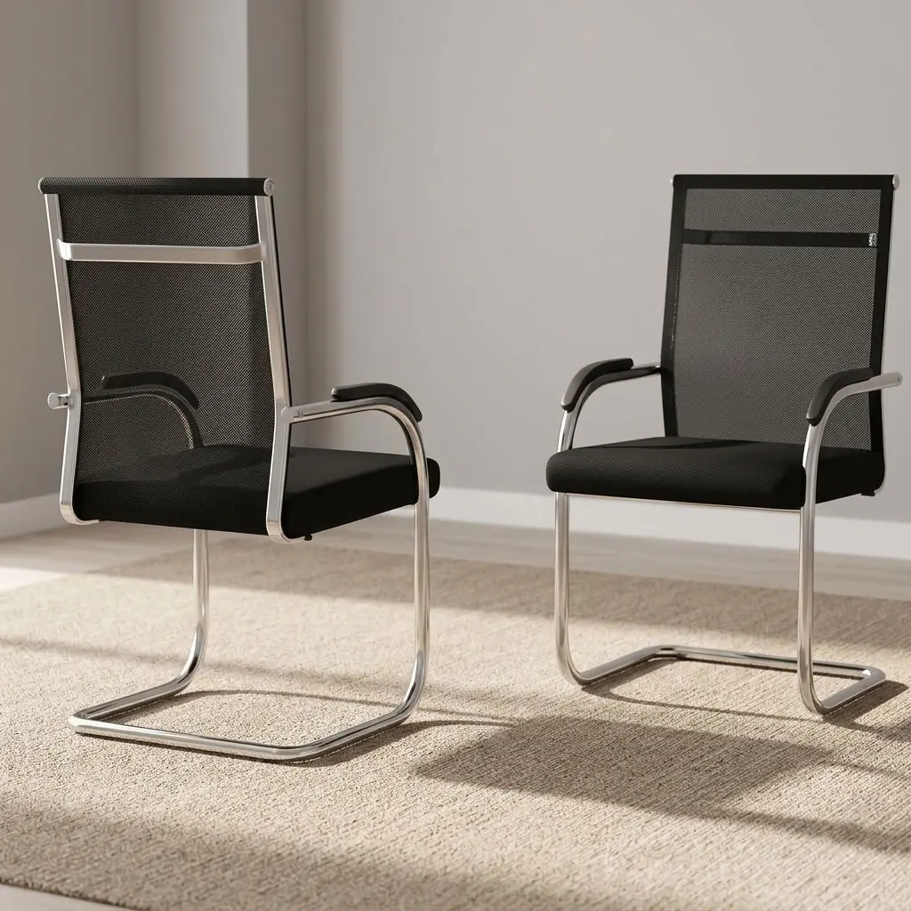Mesh conference waiting chair featuring a breathable black mesh backrest with a horizontal chrome accent bar and a cushioned black fabric seat pan, fixed curved loop armrests with black arm pads, and a polished chrome tubular cantilever sled base.