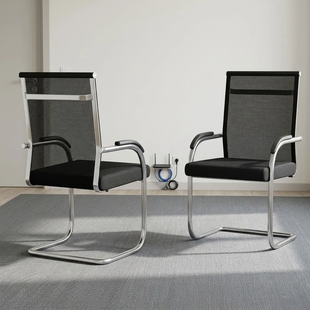 Mesh office conference chair featuring a breathable black mesh backrest with a chrome-framed back accent bar, a padded black fabric seat cushion, curved armrests with black arm pads, and a continuous tubular chrome cantilever sled base with protective floor glides.