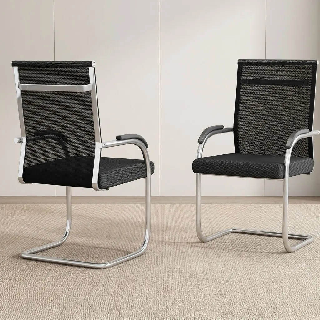 Mesh office conference chair featuring a breathable black mesh backrest with a chrome-framed back accent bar, a padded black fabric seat cushion, curved armrests with black arm pads, and a continuous tubular chrome cantilever sled base with protective floor glides.