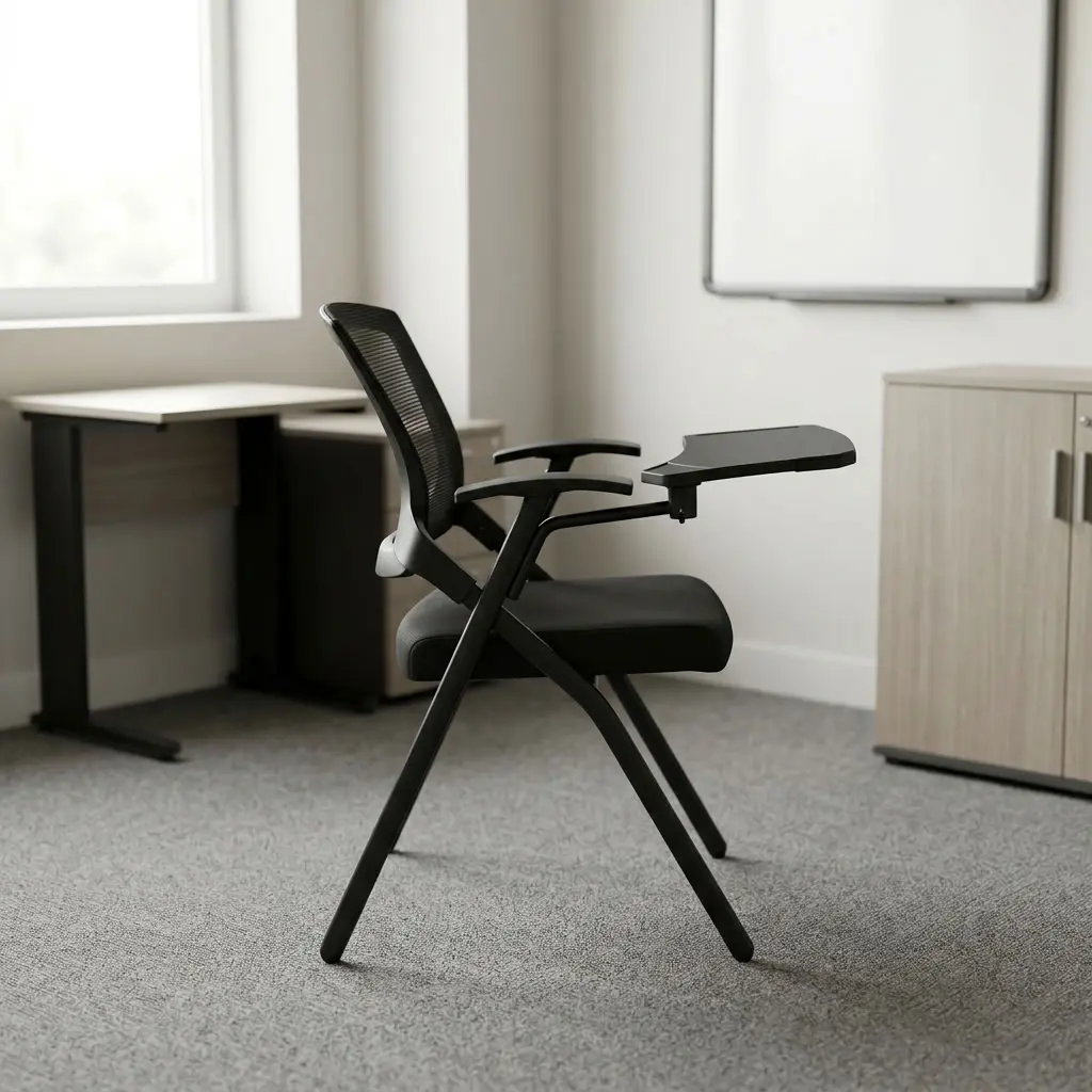 Mesh foldable chair with writing pad featuring a breathable black mesh backrest and a cushioned black fabric seat pan, an integrated side armrest with an attached swivel writing tablet, a space-saving foldable frame mechanism, and a black powder-coated tubular steel four-leg base with protective floor glides.