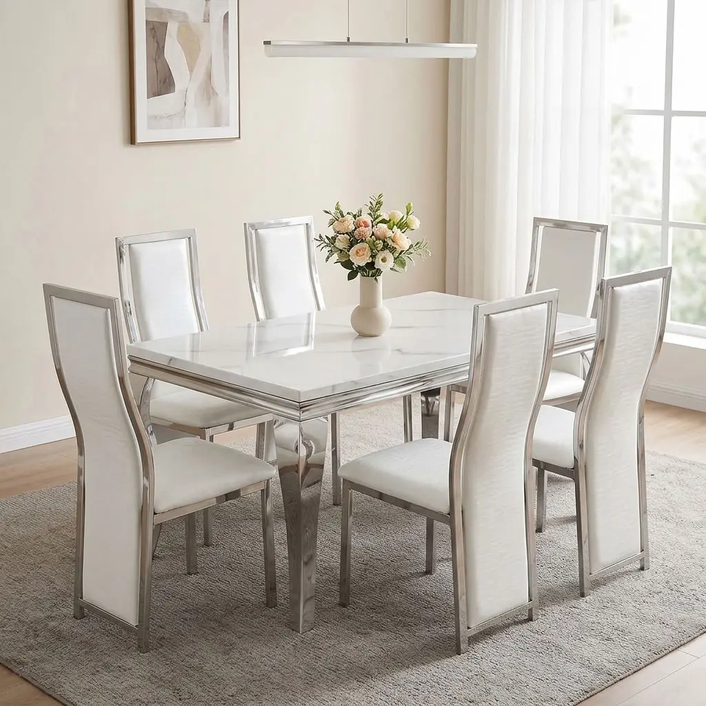 White 6-seater marble dining set featuring a rectangular white faux marble tabletop with grey veining and six high-back dining chairs with white faux leather upholstery, sleek chrome frame accents along the chair backrests and seats, and polished chrome cabriole legs on both the table and chair bases.