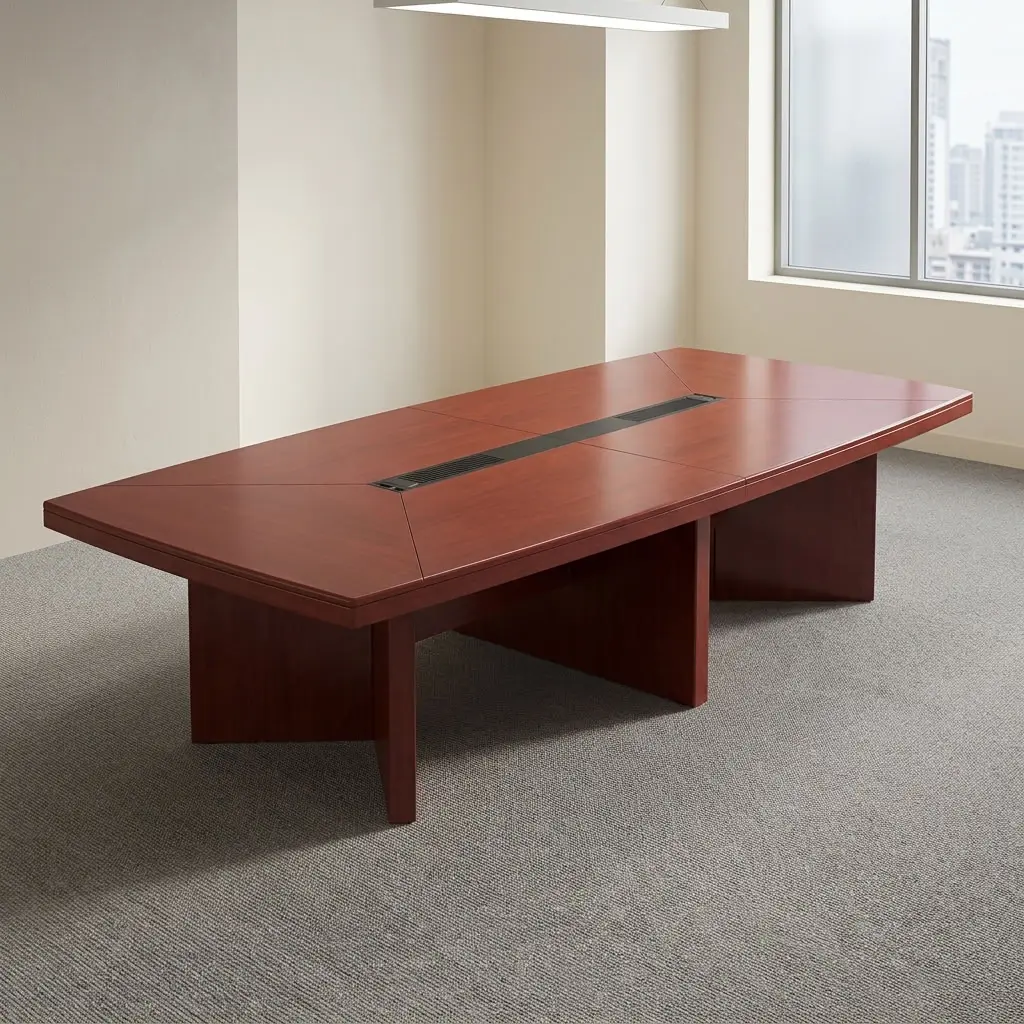 3000mm boardroom table featuring a rich mahogany wood laminate surface with geometric veneer line accents, a central black cable management channel with flip-top wire pass-through covers, and heavy-duty slab panel base legs.