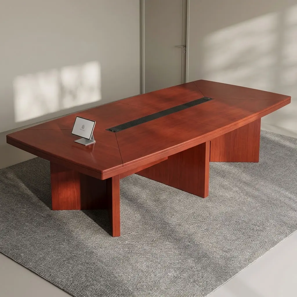 3000mm boardroom table featuring a rich mahogany wood laminate surface with geometric veneer line accents, a central black cable management channel with flip-top wire pass-through covers, and heavy-duty slab panel base legs.